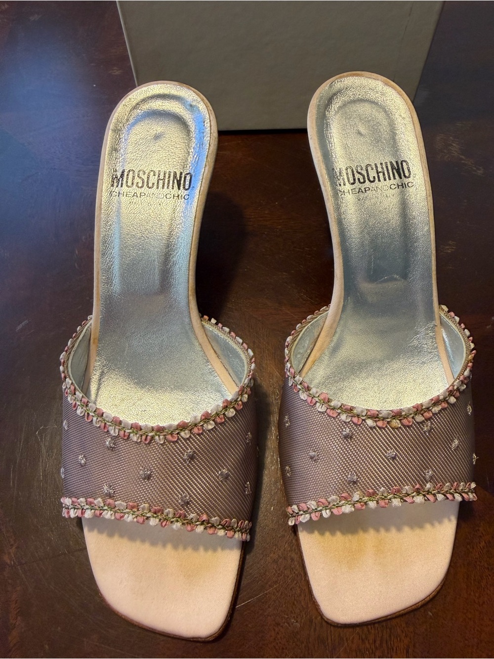 Vintage Moschino Cheap and Chic Pink and Silver Embellished Slip-On Mules Sz 7.5
